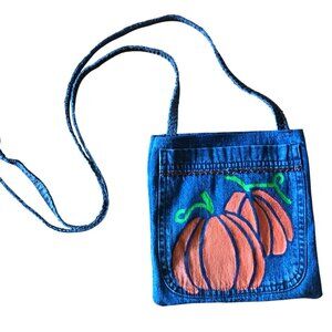 Handmade Crossbody Bag: Recycled Denim Cell Phone Holder, Autumn Painted Pumpkin